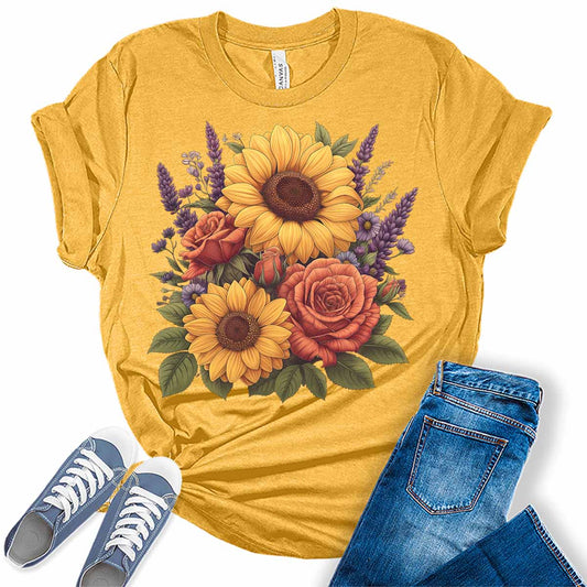 Sunflower Shirt Boho Tops Vintage Cottagecore Plus Size Graphic Tees for Women