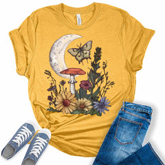 Cottagecore Crescent Moon Butterfly Mushroom Flowers Graphic Tees for Women
