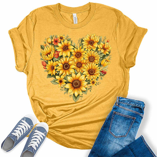 Sunflower Floral Heart Summer Womens Graphic Tee