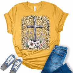 Floral Cross T Shirt Leopard Print Easter Shirts for Women Cute Spring Summer Tops