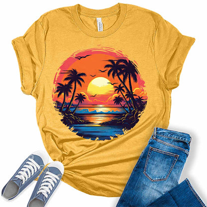 Womens Beach Shirt Casual Palm Tree Tshirt Tropical Bella Graphic Tees Short Sleeve Summer Tops