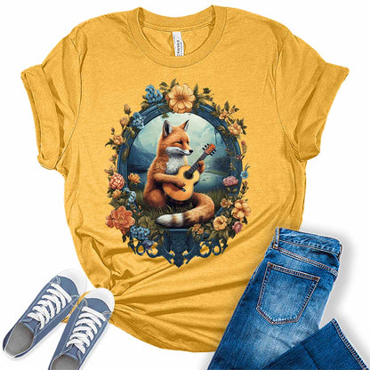 Womens Fox Shirt Cottagecore Aesthetic Cute Animal Playing Guitar Tshirts Short Sleeve Bella Graphic Tees Casual Summer Tops