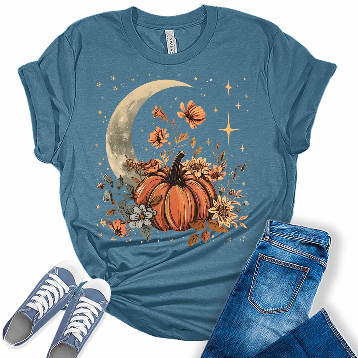 Fall Floral Pumpkin Moon Stars Graphic Tees for Women