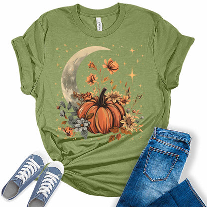 Fall Floral Pumpkin Moon Stars Graphic Tees for Women