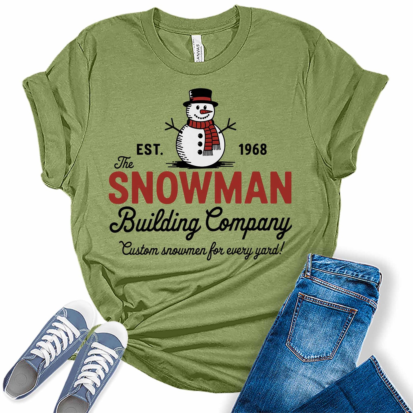 Women's Snowman EST. 1968 Building Company Christmas Graphic Tees