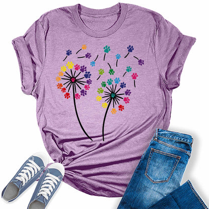 Women's Dandelion Graphic T-Shirts Loose Fit Cute Flower Paw Print Casual Tee Tops