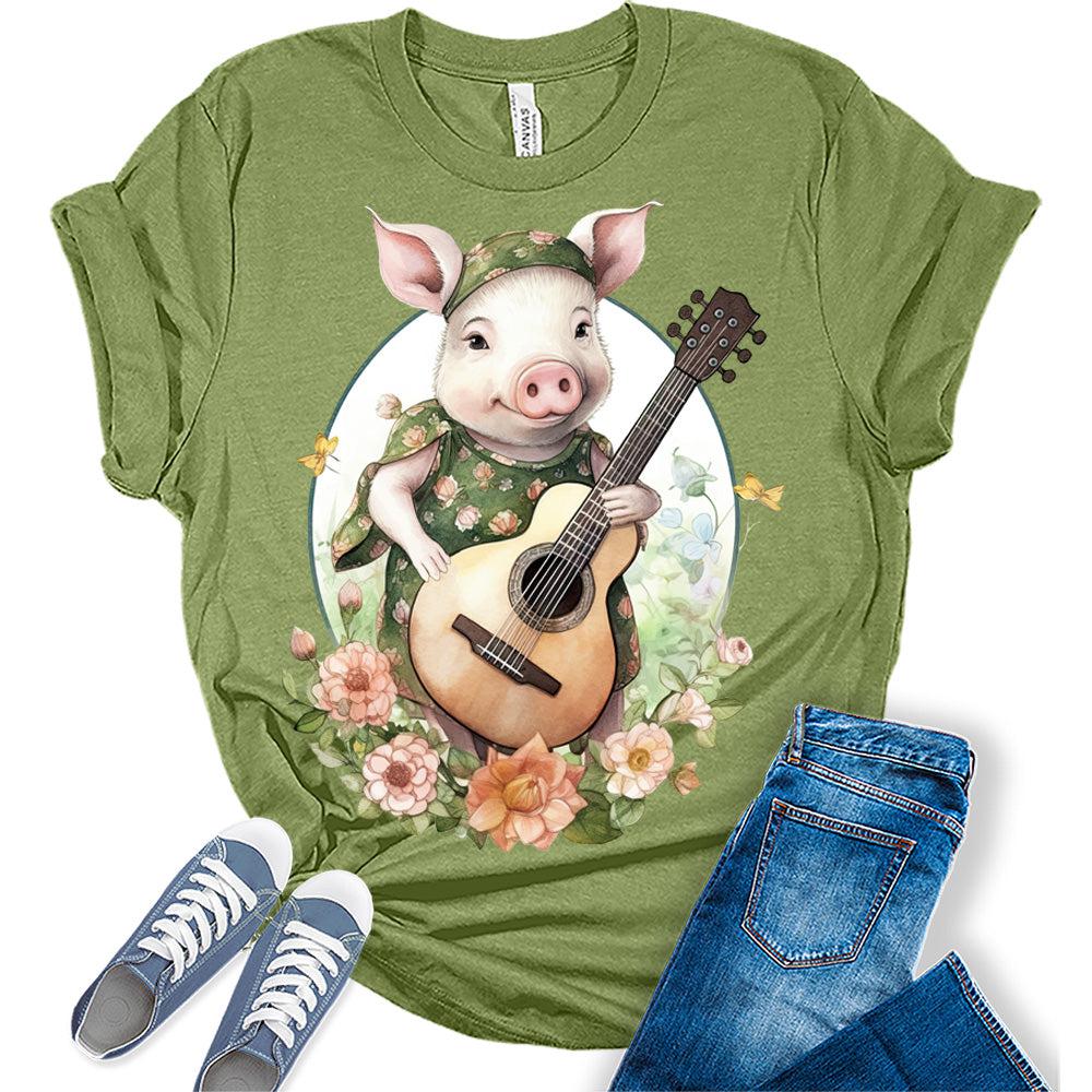 Piggy Playing Guitar Shirt Floral Cottagecore Short Sleeve Graphic Tee For Women