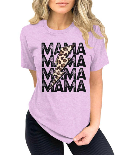 Mama Shirt Cute Thunder Leopard Letter Print Graphic Tees for Women Retro Tops