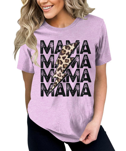 Mama Shirt Cute Thunder Leopard Letter Print Graphic Tees for Women Retro Tops
