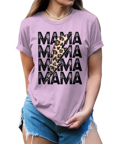 Mama Shirt Cute Thunder Leopard Letter Print Graphic Tees for Women Retro Tops