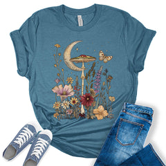 Cottagecore Aesthetic Floral Crescent Moon Flowers Graphic Tees for Women