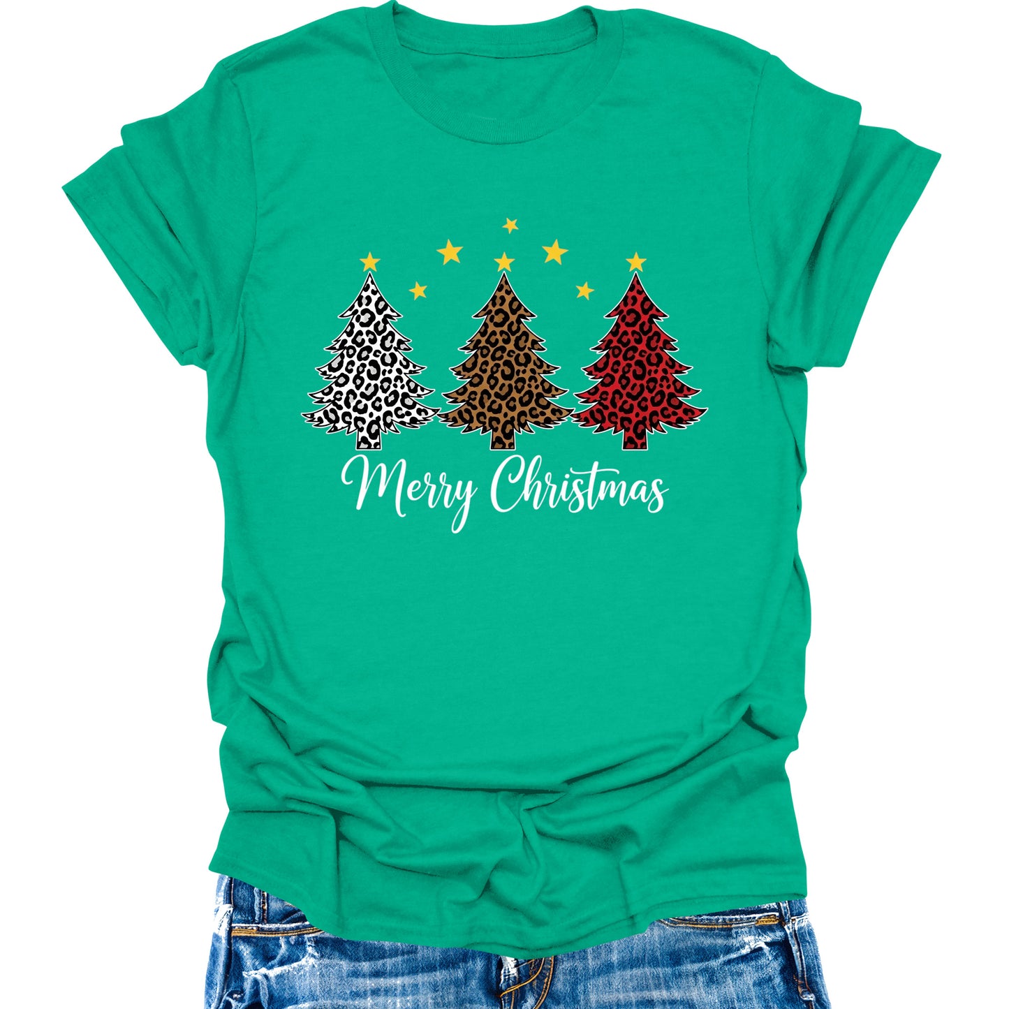 Merry Christmas Shirts For Women Leopard Christmas Tree Graphic Tees Merry Xmas Holiday Tops