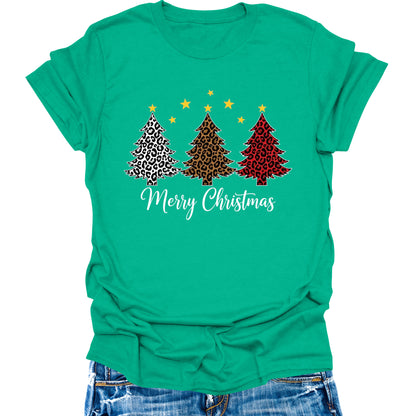 Merry Christmas Shirts For Women Leopard Christmas Tree Graphic Tees Merry Xmas Holiday Tops