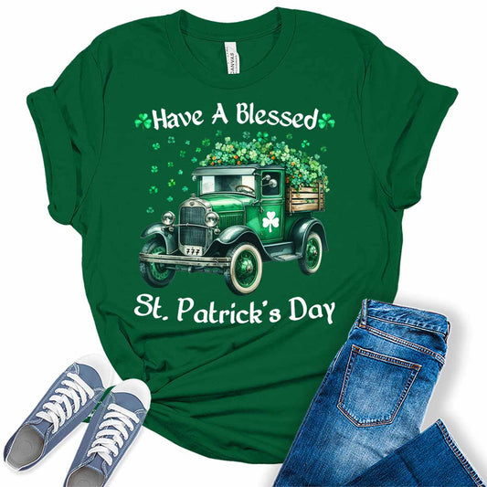 Have A Blessed St Patricks Day Shirt Womens Clover Truck Graphic Tees