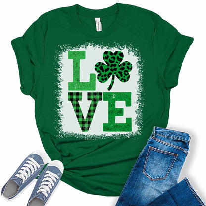 Love Shamrock Plaid T Shirt St Patricks Day Shirt Womens Bleach Print Graphic Tees