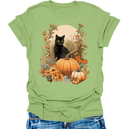 Cat Shirts Vintage Pumpkin Womens Fall T-Shirts Cute Autumn Graphic Tees Thanksgiving Tops