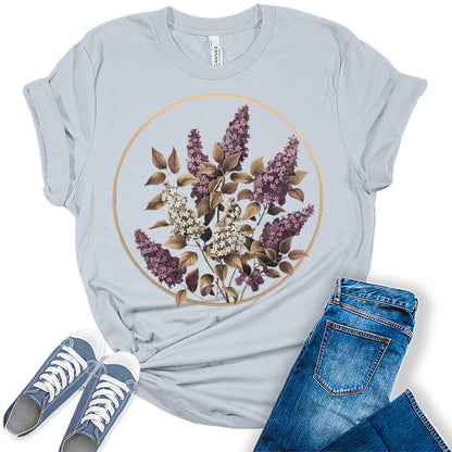 Trendy Purple Floral Circle Graphic Tees for Women