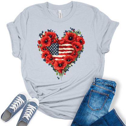 Poppies Heart 4th of July Shirts For Women Patriotic Flag Graphic Tees Floral Heart Bella Plus Sized Tops