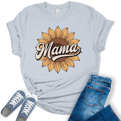 Women's Retro Mama Sunflower Floral Summer Vintage Casual Graphic Tees Bella Plus Sized Tops