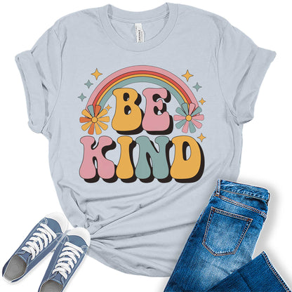 Womens Be Kind Floral Vintage Retro Rainbow Trendy Graphic Tees