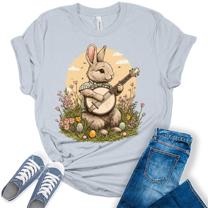 Women's Easter Bunny Playing Banjo Cottagecore Shirts Cute Trendy Casual Graphic Tees Bella Plus Sized Tops