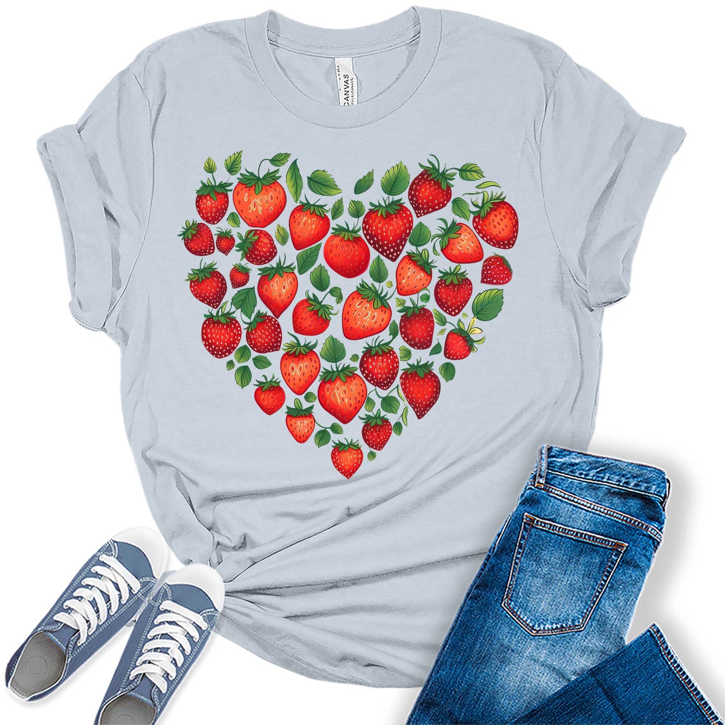 Trendy Strawberry Heart Graphic Tees For Women