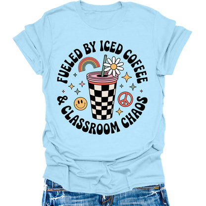 Fueled By Caffeine and Chaos Teacher Shirt Retro Vintage Funny Back to School Graphic Tees Womens Tops