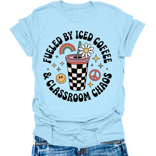Fueled By Caffeine and Chaos Teacher Shirt Retro Vintage Funny Back to School Graphic Tees Womens Tops