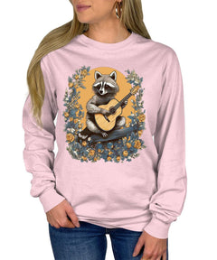 Cottagecore Raccoon Playing Guitar Floral Long Sleeve T-Shirt
