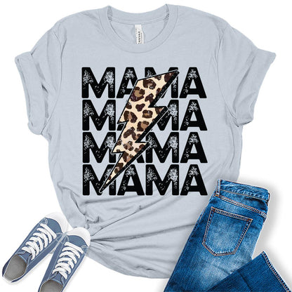Mama Shirt Cute Thunder Leopard Letter Print Graphic Tees for Women Retro Tops