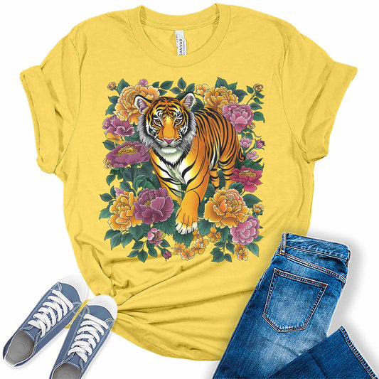 Tiger Shirts for Women Vintage Floral Short Sleeve Summer Tops Plus Size Graphic Tees