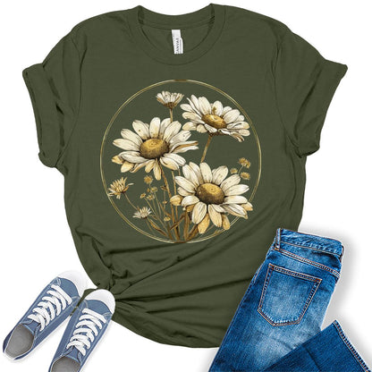 Women's Vintage Floral Daisy T Shirt Boho Wildflower Graphic Loose Tees Short Sleeve Casual Tops