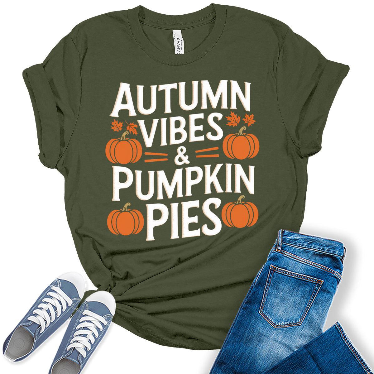 Women's Autumn Vibes Pumpkin Shirt Vintage Thanksgiving Graphic Tees Fall Tops