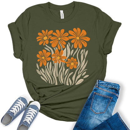 Womens Boho Fall Floral Daisy Graphic Tees