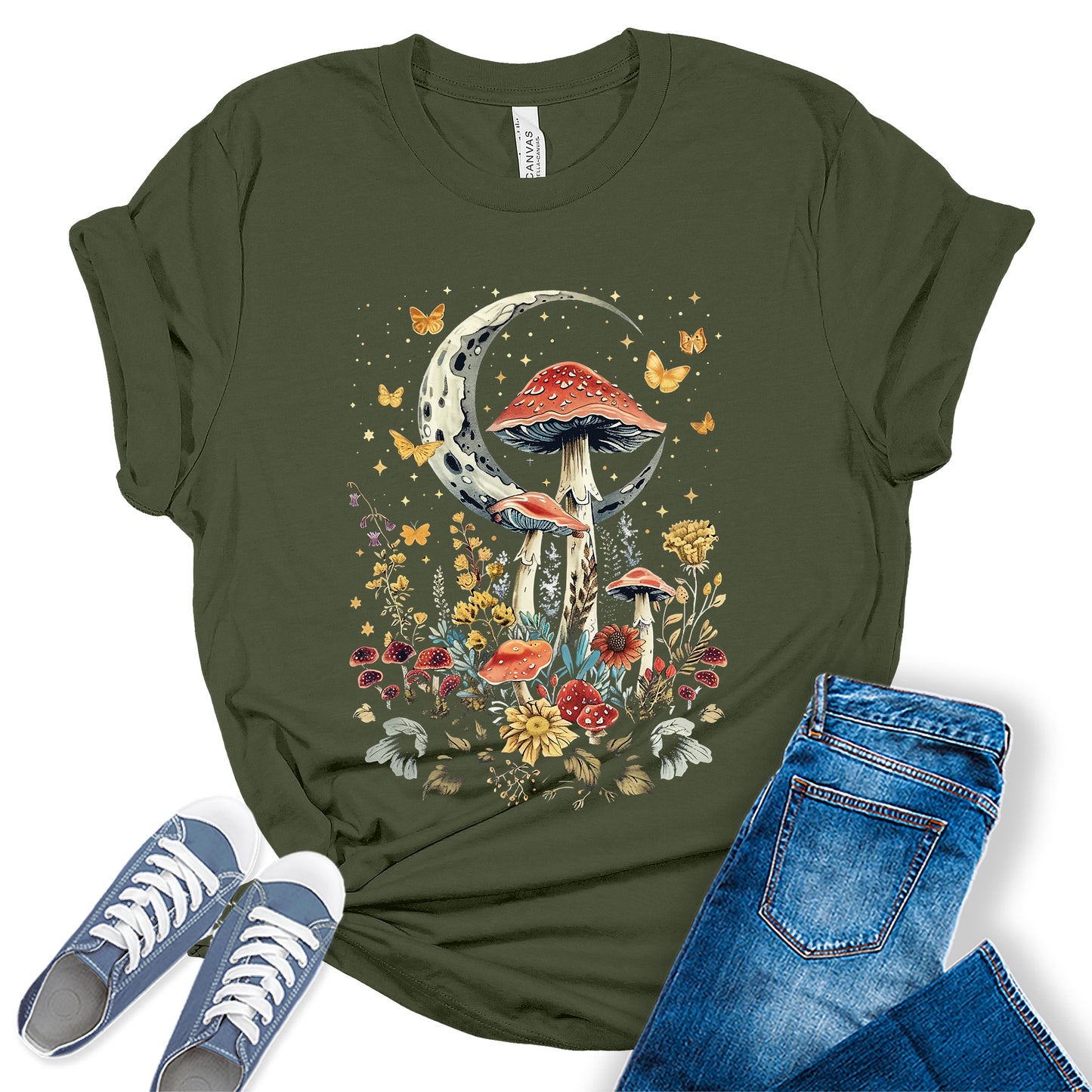 Women's Fall Mushroom Shirts Floral Boho Moon Graphic Tees Autumn Plus Size Tops