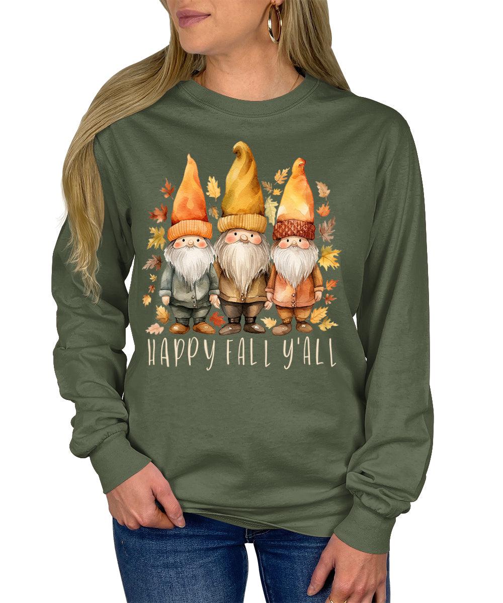 Happy Fall Y'All Autumn Gnome Womens Graphic Long Sleeve T-Shirt