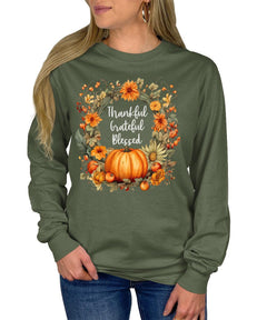 Thankful Grateful Blessed Thanksgiving Floral Fall Long Sleeve T-Shirt