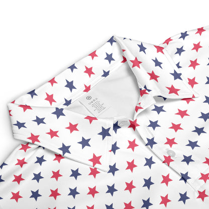 4th of July White Polo Patriotic Golf Shirt for Men Red and Blue Stars Moisture Wicking Summer Top