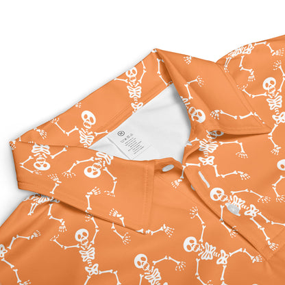 Halloween Skeleton Polo Shirt for Men Orange White Moisture Wicking Short Sleeve Golf Top