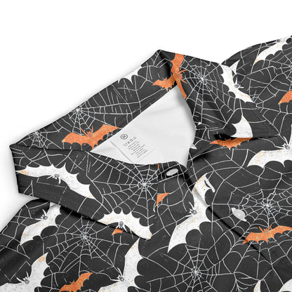 Halloween Bat Spiderweb Polo Shirt for Men Spooky Costume Moisture Wicking Short Sleeve Golf Top