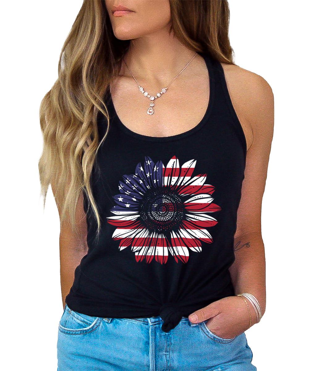 Sunflower USA Flag Patriotic Women's 4th Of July Graphic Tank Top