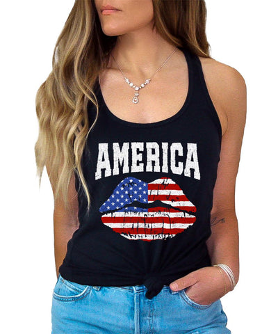 American Flag Lips Shirt Patriotic 4th Of July Women's Graphic Tank Top