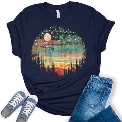 Womens Retro Circle Sunset Forest Camping Hiking Graphic Tees