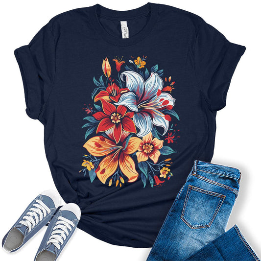 Womens Summer Shirts Floral Graphic Tees for Women Trendy Y2k Vintage Plus Size Tops