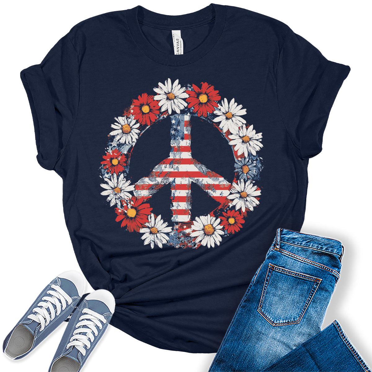 4th of July Flower Peace Sign Graphic Tees for Women