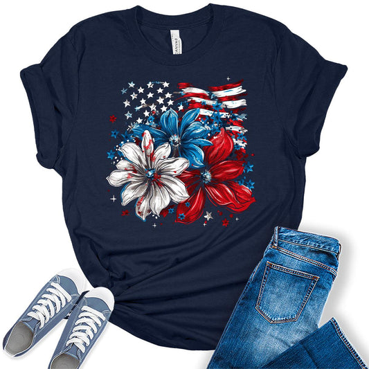 Womens 4th of July Flower Shirt American Flag T-Shirt Patriotic Graphic Tees