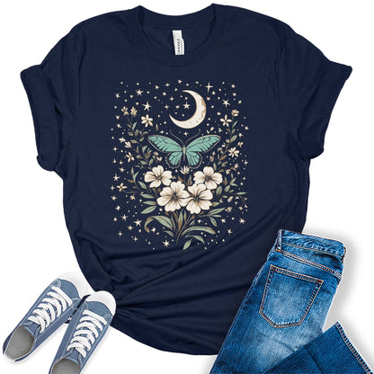 Womens Floral Shirts Flower Vintage Moth Moon Stars Graphic Tees Spring Cottagecore T Shirts Bella Summer Tops