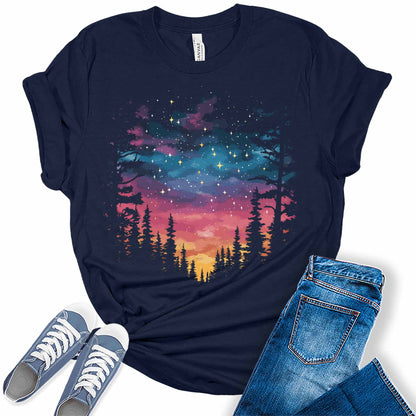 Women's Cute Camping Northern Lights Trendy Forest Graphic Tees