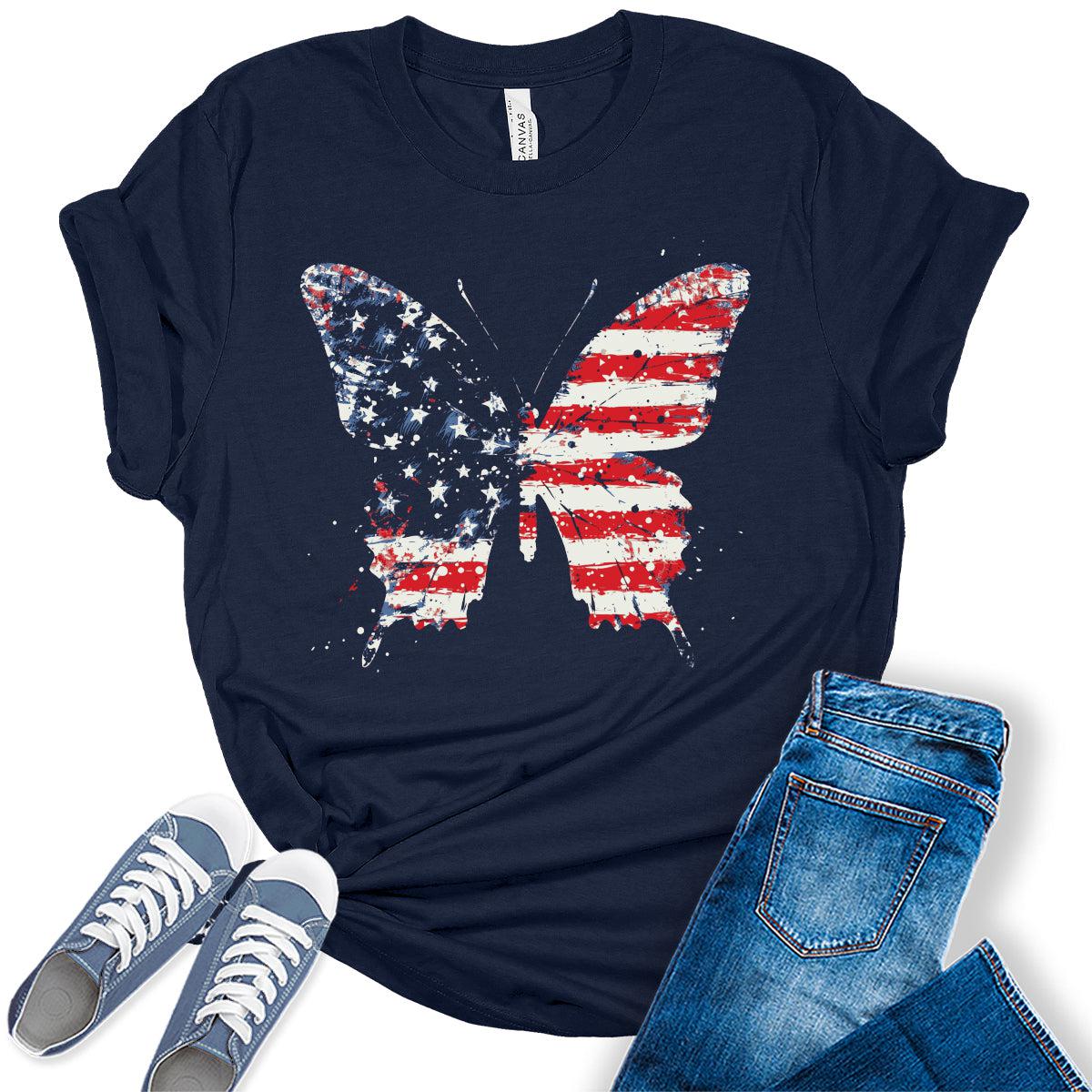 Womens 4th of July Butterfly Shirt Patriotic USA Flag T-Shirt Trendy Summer Graphic Tees