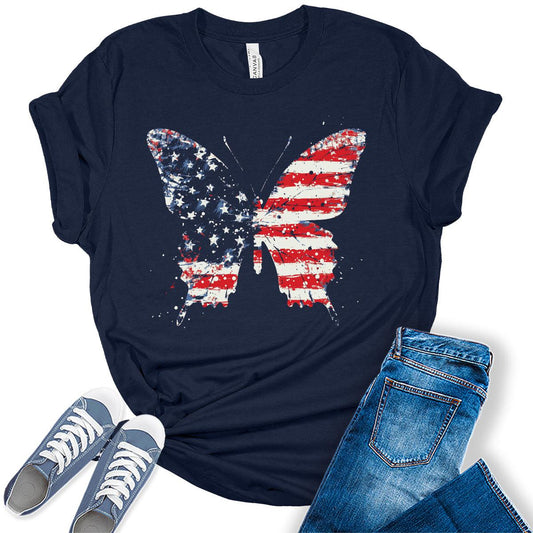 Womens 4th of July Butterfly Shirt Patriotic USA Flag T-Shirt Trendy Summer Graphic Tees